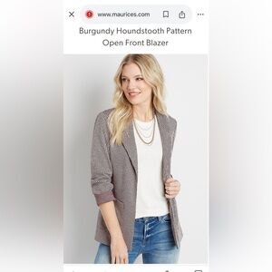 Maurices Burgundy Houndstooth Pattern Open Front Blazer